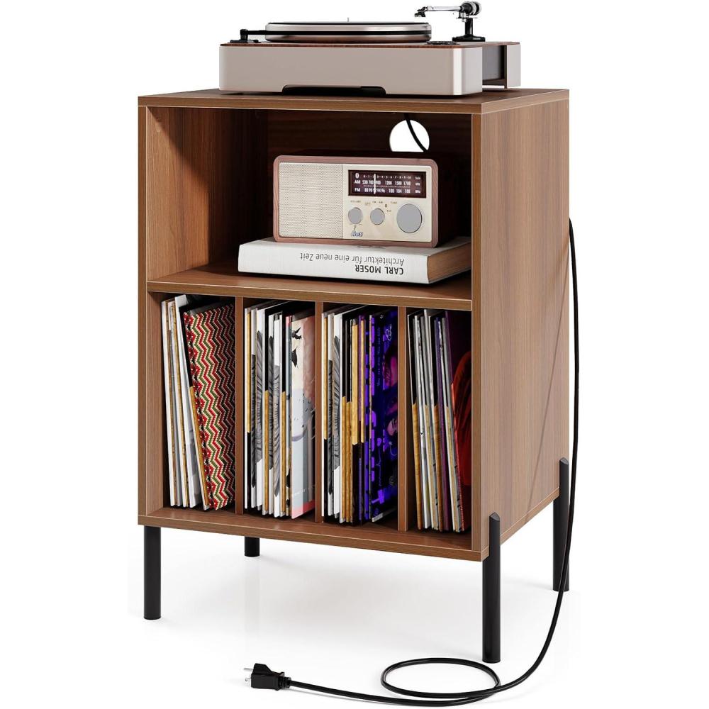 image:imageGiantex Record Player Stand with Charging Station Turntable Stand with Storage Cabinet Record Player Shelf with Metal Legs Vinyl Record Storage up to 150 Albums for Living Room OakWalnut