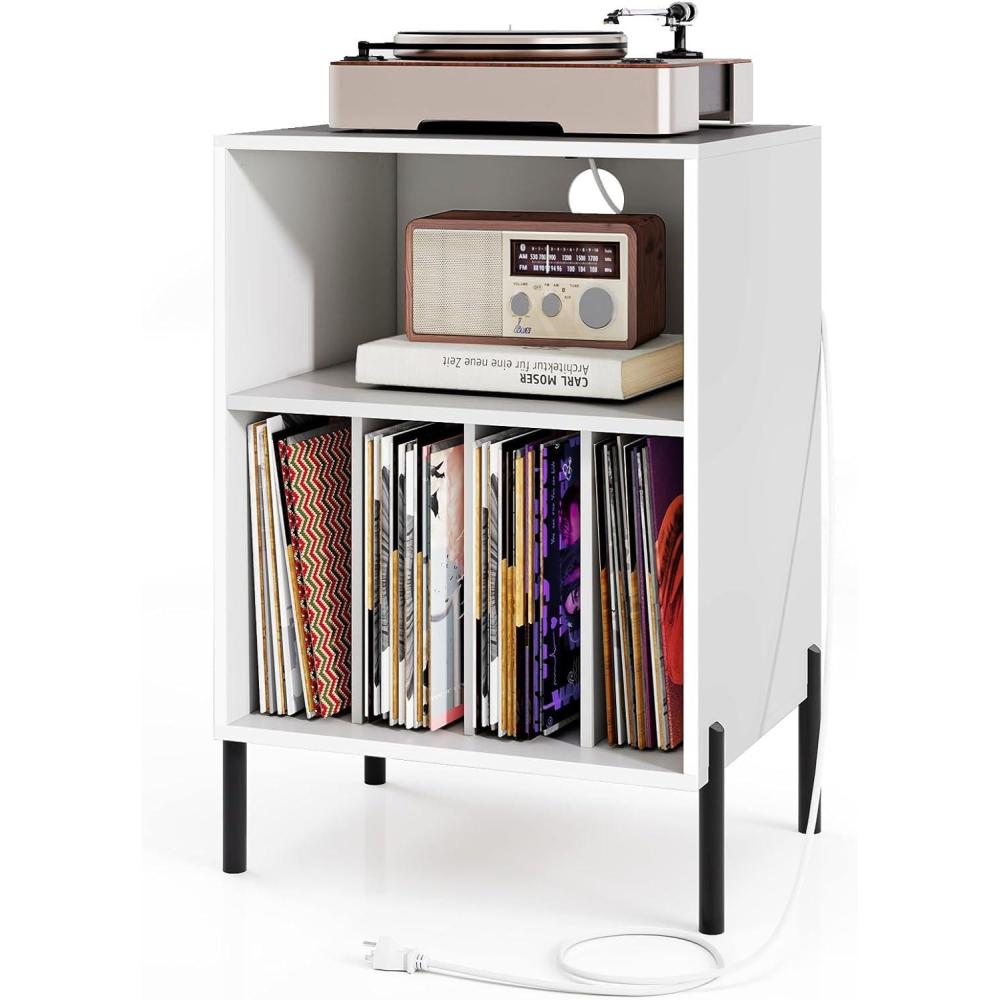 image:imageGiantex Record Player Stand with Charging Station Turntable Stand with Storage Cabinet Record Player Shelf with Metal Legs Vinyl Record Storage up to 150 Albums for Living Room OakWhite