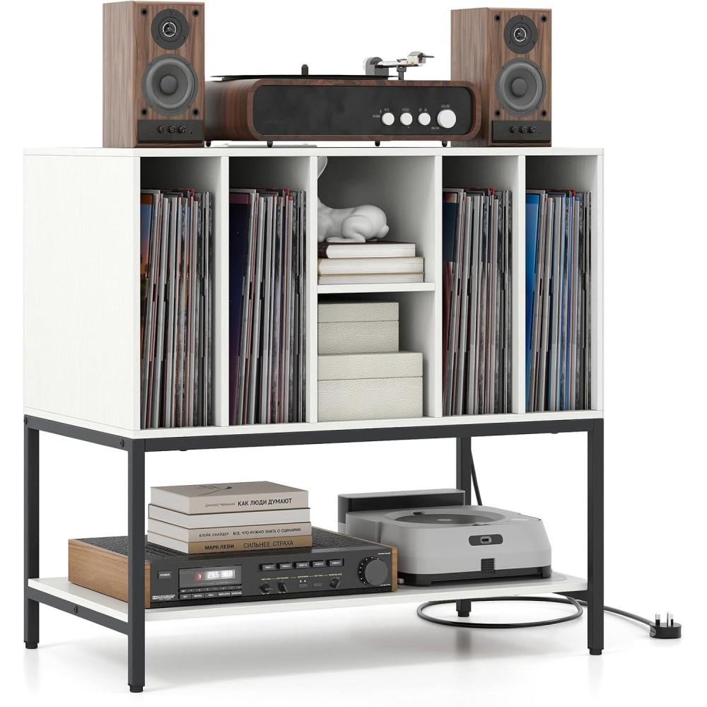 image:imageGiantex Record Player Stand with Charging Station Turntable Stand with Storage Shelves Hold Up to 150 Albums Record Player Table with Metal Frame Vinyl Record Storage for Music Living Room WhiteWhite