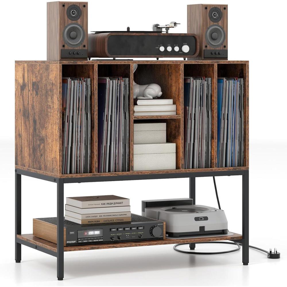 image:imageGiantex Record Player Stand with Charging Station Turntable Stand with Storage Shelves Hold Up to 150 Albums Record Player Table with Metal Frame Vinyl Record Storage for Music Living Room WhiteBrown