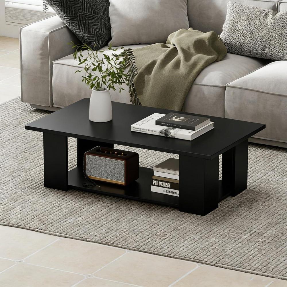 image:imageGiantex Rectangle Wood Center Table 41 L 2Tier Small Modern Tea Table wOpen Compartment Easy Assembly Accent Coffee Table for Living Room Reception Room WhiteBlack