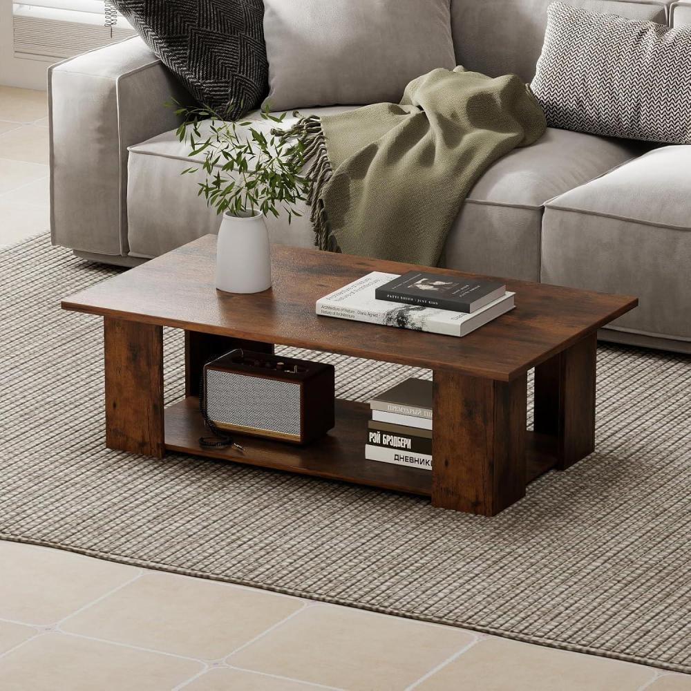 image:imageGiantex Rectangle Wood Center Table 41 L 2Tier Small Modern Tea Table wOpen Compartment Easy Assembly Accent Coffee Table for Living Room Reception Room WhiteRustic Brown