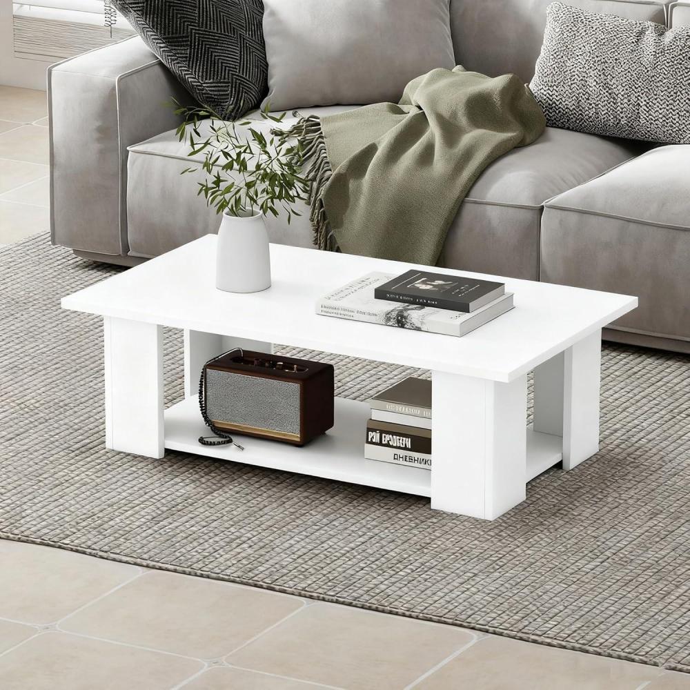 image:imageGiantex Rectangle Wood Center Table 41 L 2Tier Small Modern Tea Table wOpen Compartment Easy Assembly Accent Coffee Table for Living Room Reception Room WhiteWhite