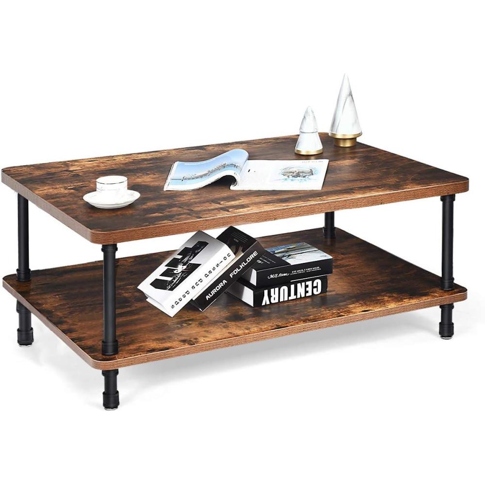 image:imageGiantex Retro Coffee Table WThick Tabletop Industrial Steel Pipe Legs amp 2Tier Storage Shelf Accent Table for Living Room Reception Room Easy Assembly Center Table Rustic BrownRustic Brown