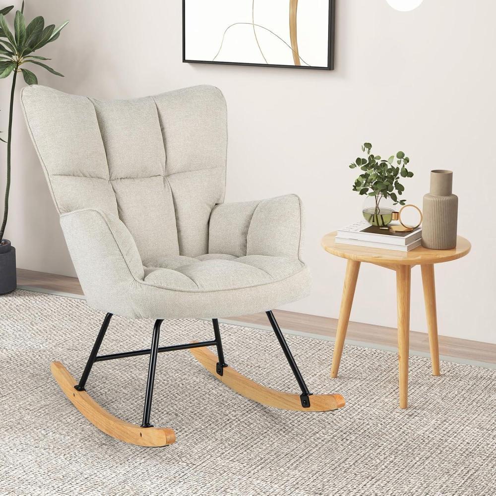 image:imageGiantex Rocking Chair Nursery Modern Rocking Accent Chair wHigh Backrest Padded Armrests Solid Metal amp Wood Frame Upholstered Linen Glider Rocker Chair for Nursery Living Room Bedroom Dark GreyBeige