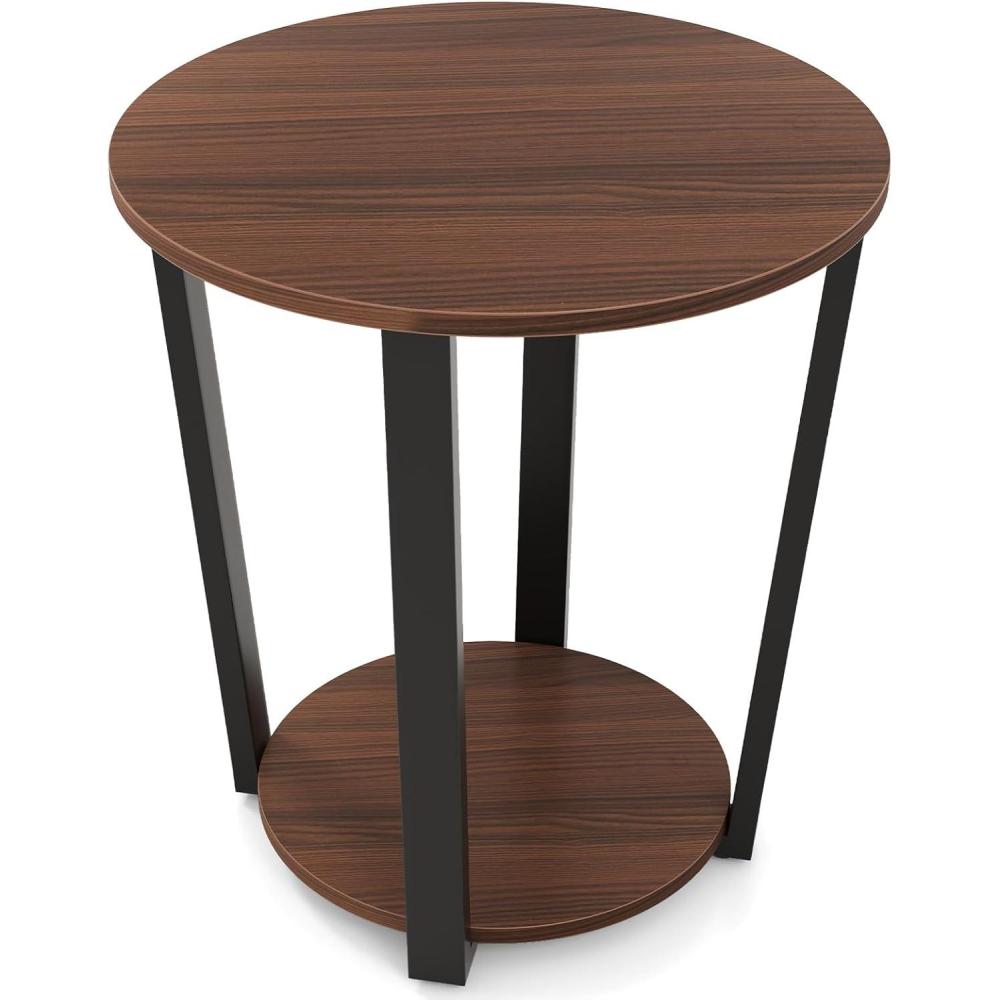 image:imageGiantex Round End Table 2Tier Side Sofa Table with Open Storage Shelf and Metal Frame Industrial Nightstand Bedside Table for Living Room Bedroom Small Space Accent Furniture WalnutWalnut