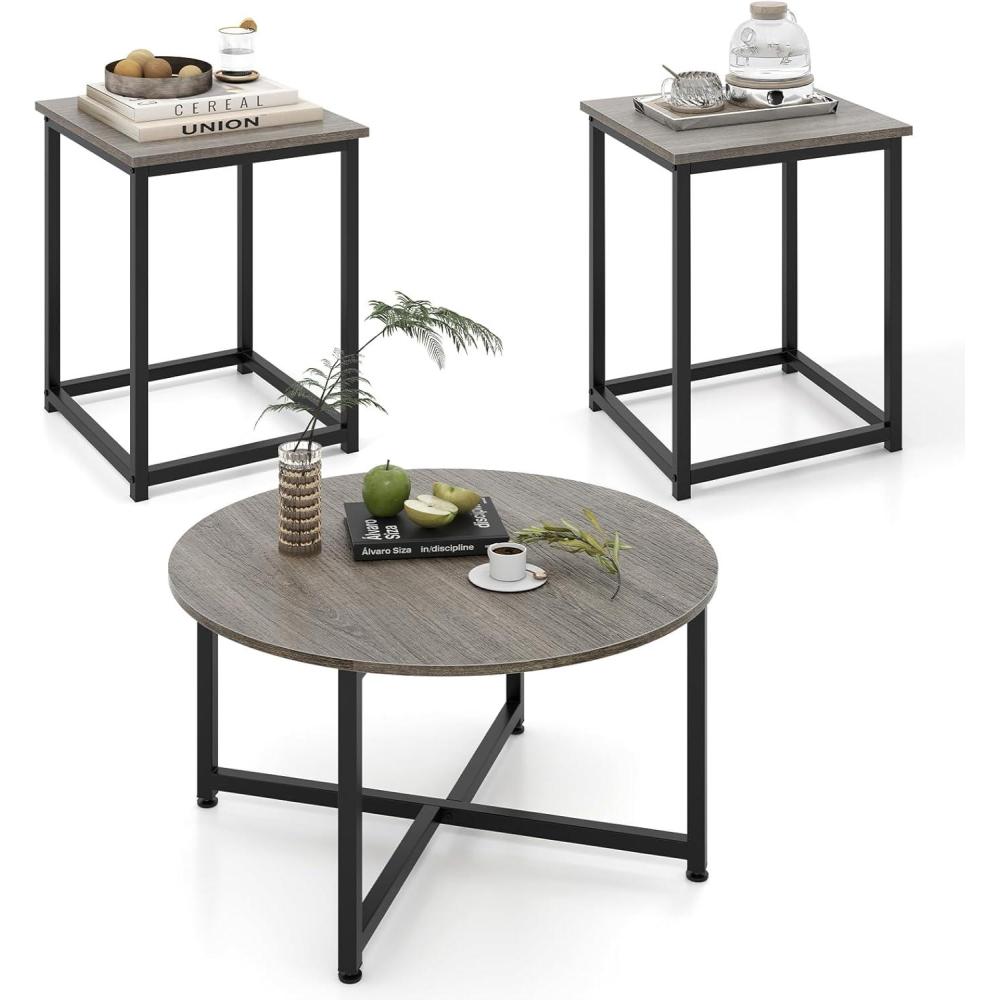 image:imageGiantex Round Nesting Table Set of 3 Farmhouse Coffee Table w2 End Tables Sturdy Metal Frame 3Piece Wooden Living Room Table Set for Home Office Apartment Black OakBlack Oak