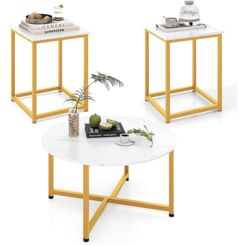 image:imageGiantex Round Nesting Table Set of 3 Farmhouse Coffee Table w2 End Tables Sturdy Metal Frame 3Piece Wooden Living Room Table Set for Home Office Apartment Black OakWhite Gold