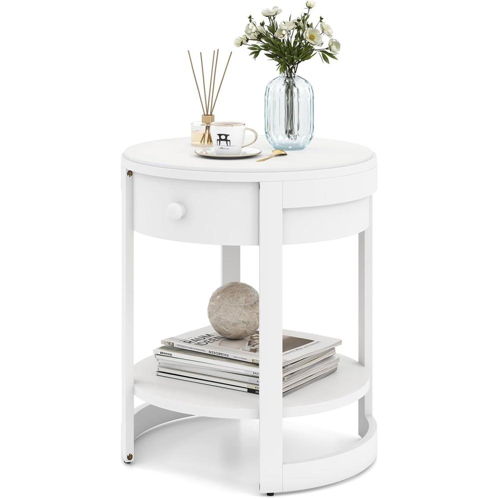 image:imageGiantex Round Side Table 2Tier Wooden End Table with Drawer and Shelf Vintage Wood Grain Finish Retro Circle Night Stand for Living Room Bedroom WalnutWhite
