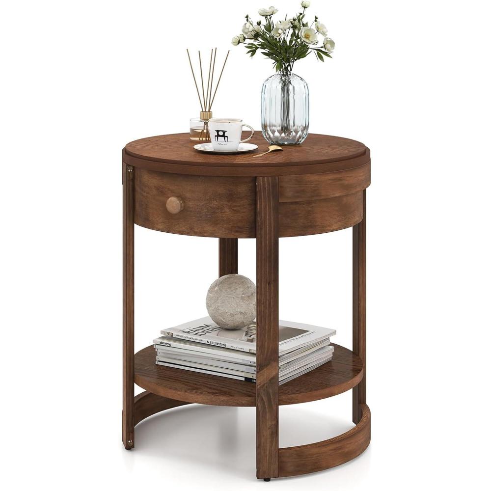 image:imageGiantex Round Side Table 2Tier Wooden End Table with Drawer and Shelf Vintage Wood Grain Finish Retro Circle Night Stand for Living Room Bedroom WalnutWalnut