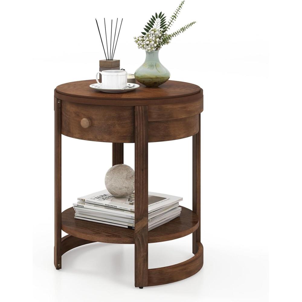 image:imageGiantex Round Side Tables Set of 2 2Tier Retro End Tables with Drawer amp Shelf Wooden Accent Tables with Antique Wood Grain Finish Vintage Nightstands for Living Room Bedroom Walnut1
