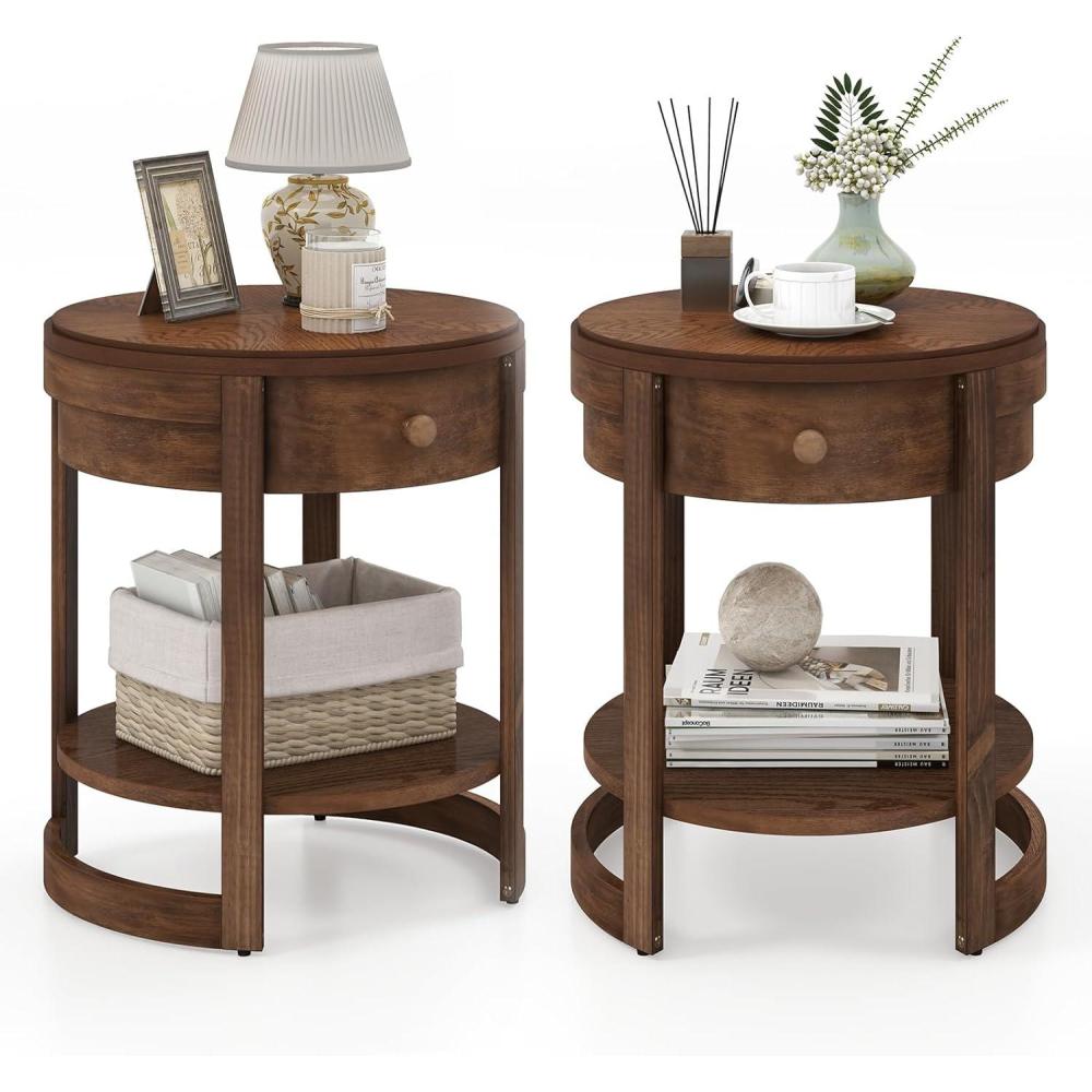image:imageGiantex Round Side Tables Set of 2 2Tier Retro End Tables with Drawer amp Shelf Wooden Accent Tables with Antique Wood Grain Finish Vintage Nightstands for Living Room Bedroom Walnut2