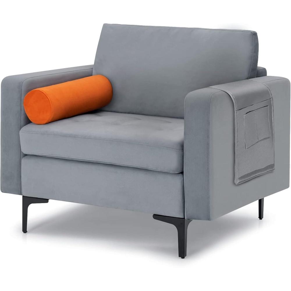 image:imageGiantex Set of 2 Single Sofa Accent Chairs wCushion Bolster Armrest Magazine Caddy Holder Pockets Armchair Living Room Upholstered Leisure Chair for Bedroom Reception Room Dark GreyGreyorange