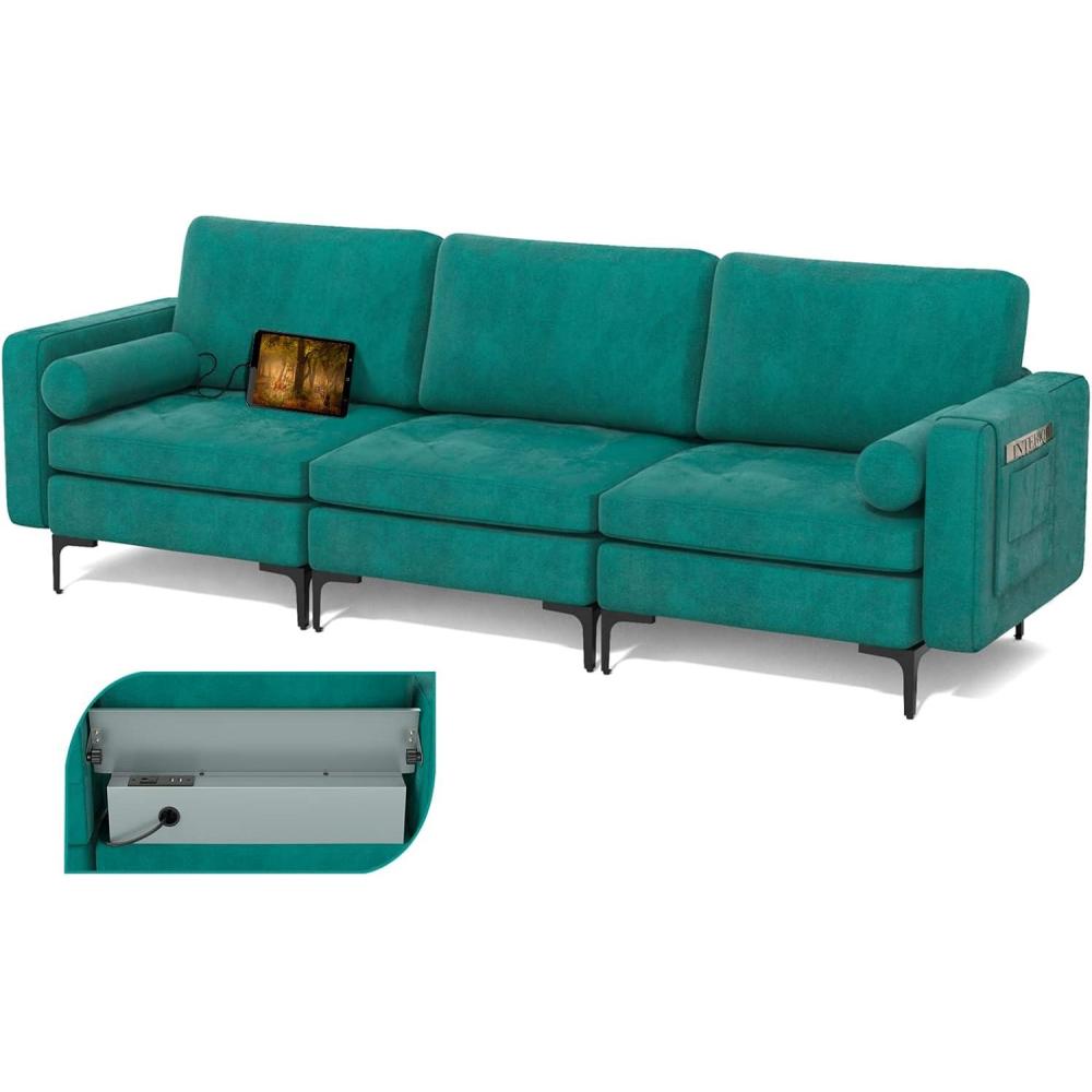 image:imageGiantex Set of 2 Single Sofa Accent Chairs wCushion Bolster Armrest Magazine Caddy Holder Pockets Armchair Living Room Upholstered Leisure Chair for Bedroom Reception Room Dark GreyTeal