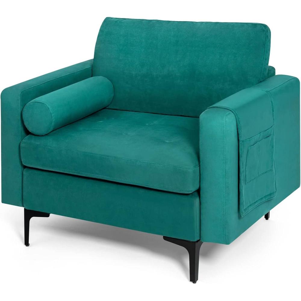 image:imageGiantex Single Sofa Accent Chair Armchair wComfy Cushion Bolster Armrest Magazine Caddy Pockets Living Room Upholstered Leisure Chair for Bedroom Reception Room Blue