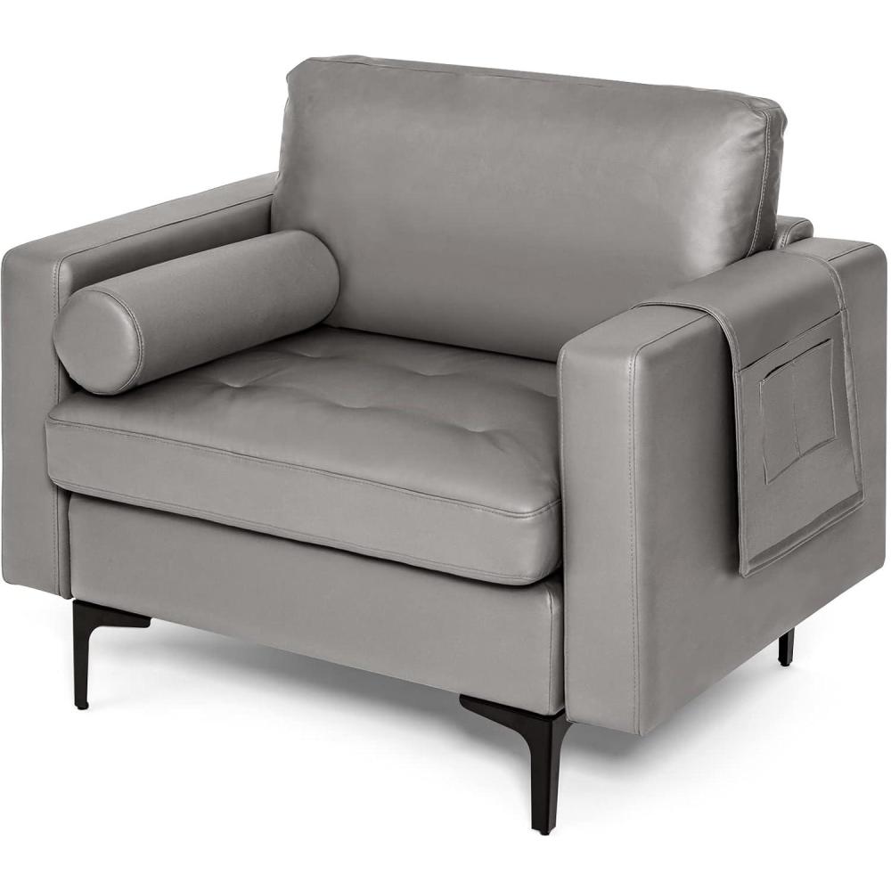 image:imageGiantex Single Sofa Accent Chair Armchair wComfy Cushion Bolster Armrest Magazine Caddy Pockets Living Room Upholstered Leisure Chair for Bedroom Reception Room Dark GreyDark Grey