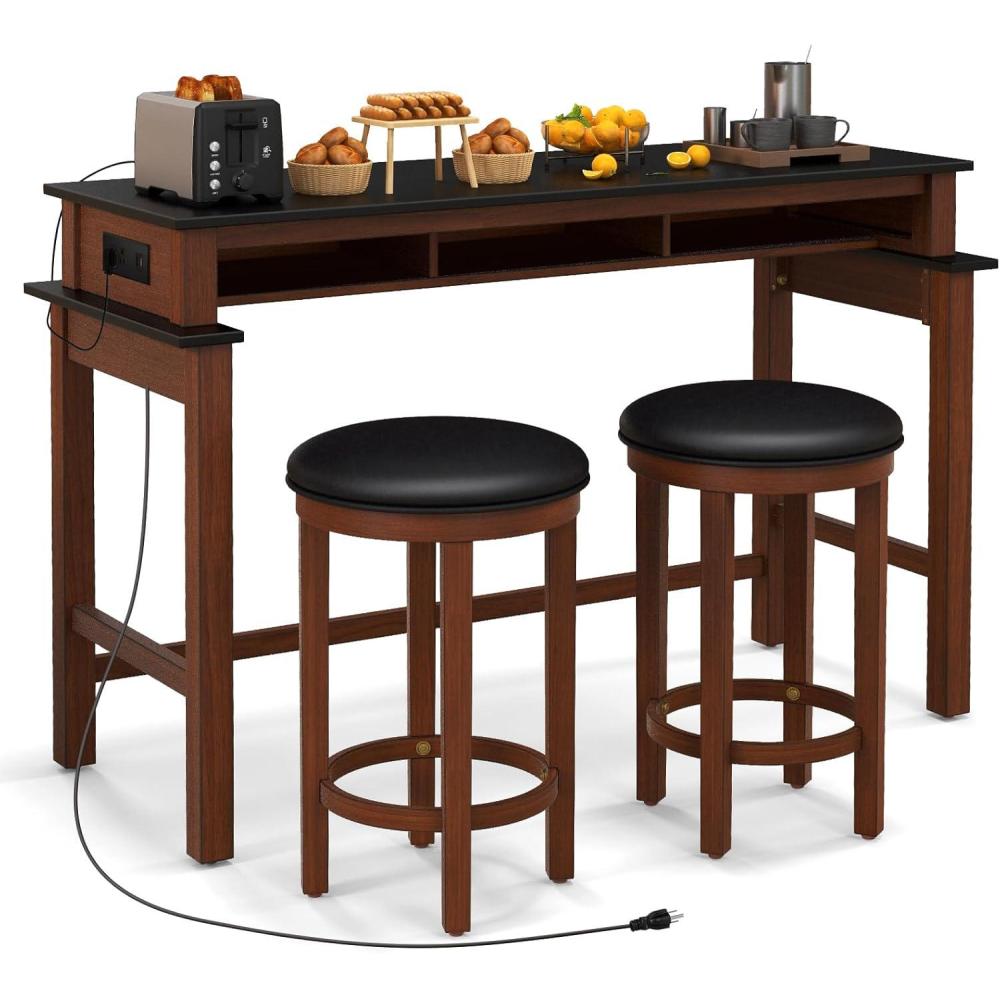 image:imageGiantex Small Dining Table Set for 2 Bar Table and 2 Bar Stools Sofa Table with Outlets USB Ports Breakfast Nook Table Set 3Piece Bar Table and Chairs Set Kitchen Table Set BlackWalnutBlackwalnut