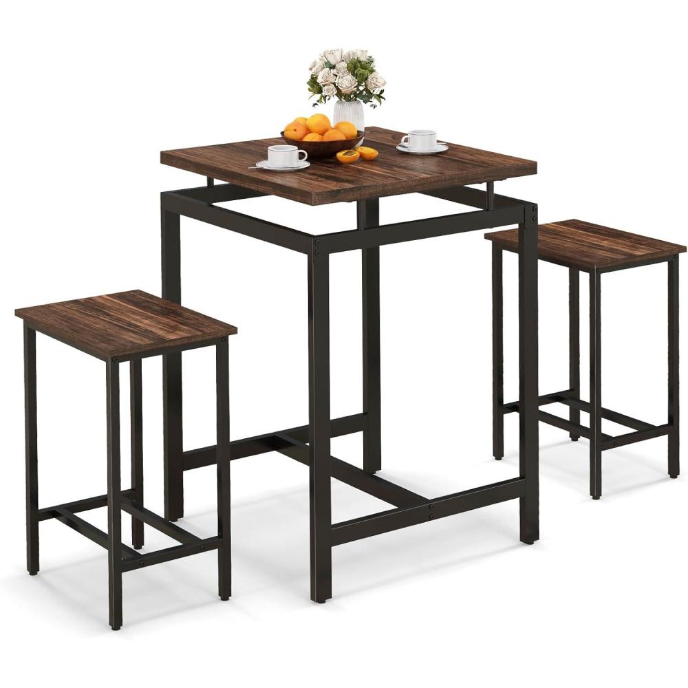 image:imageGiantex Small Dining Table Set for 2  Counter Height Table Set with 2 Stools Floating Tabletop Footrest Metal Frame Breakfast Nook Table Set for Apartment Kitchen Table Chairs Set of 2 Brown
