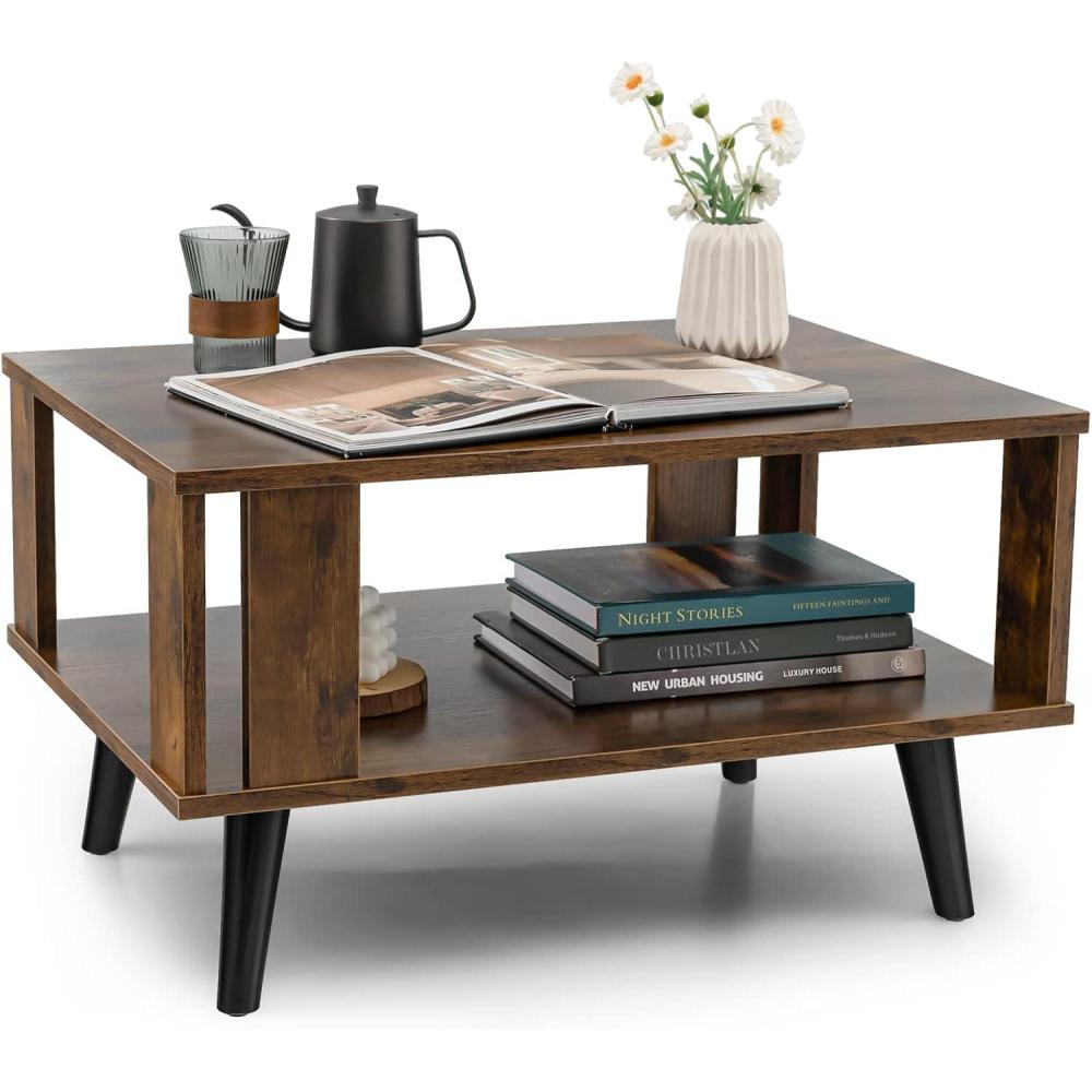 image:imageGiantex Small Wood Coffee Table 2Tier Tea Table wOpen Storage Shelf amp Supportive Legs Easy Assembly MidCentury Center Table for Living Room Reception Room