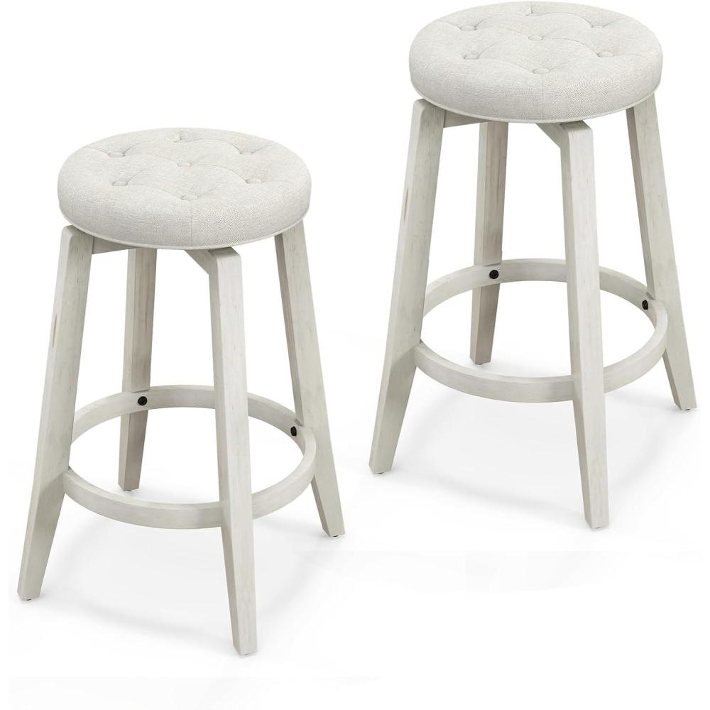 image:imageGiantex Swivel Bar Stools Set of 2 30Inch Bar Height Stools with Tufted Seat amp Rubber Wood Frame Round Backless Kitchen Stools with Footrest Barstools for Kitchen IslandBreakfastPub BlackAntique White