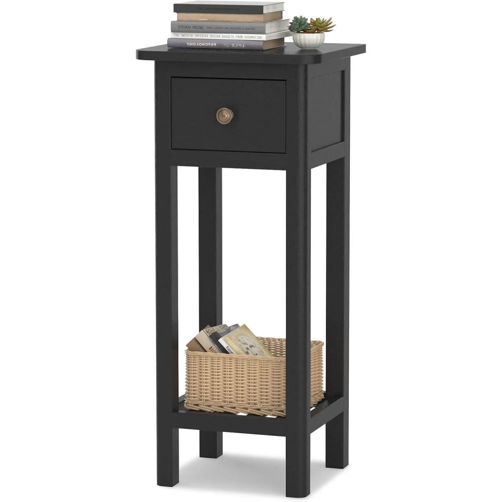 image:imageGiantex Tall End Table Narrow Side Table with Drawer and Shelf Acacia Wood Nightstand for Living Room 2Tier Bedside Table for Small Space No Assembly WhiteBlack