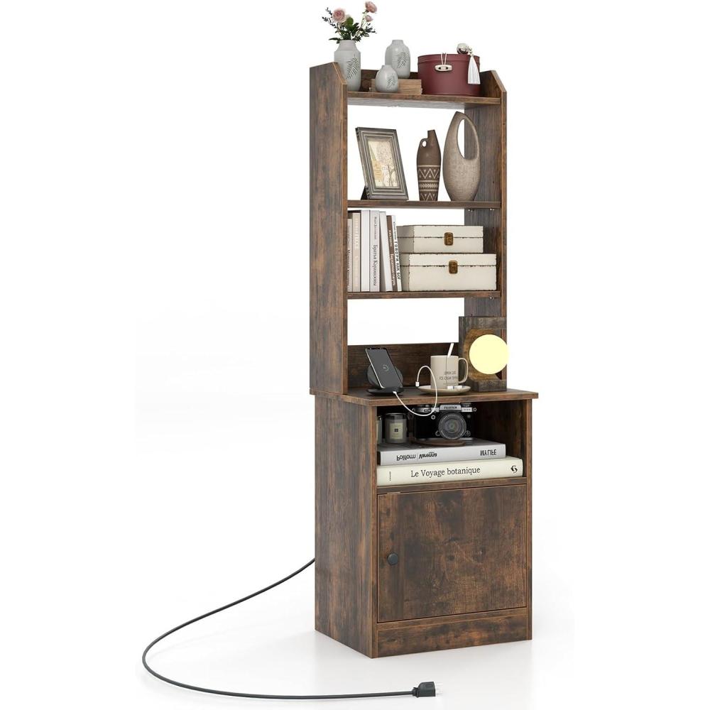 image:imageGiantex Tall Nightstand with Charging Station 56 Tall Bedside Table with 6Level Adjustable Bookshelf Modern End Side Table with Storage Cabinet for Bedroom WhiteRustic Brown
