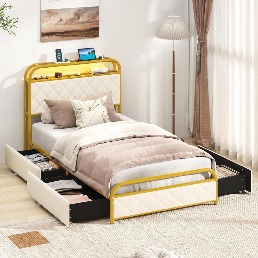 image:imageGiantex Twin Bed Frame with 4 Storage Drawers and Charging Station Metal Twin Size Platform Bed wLED Lights amp Velvet Upholstered Headboard No Box Spring Needed Twin Storage Bed Gold amp Beige