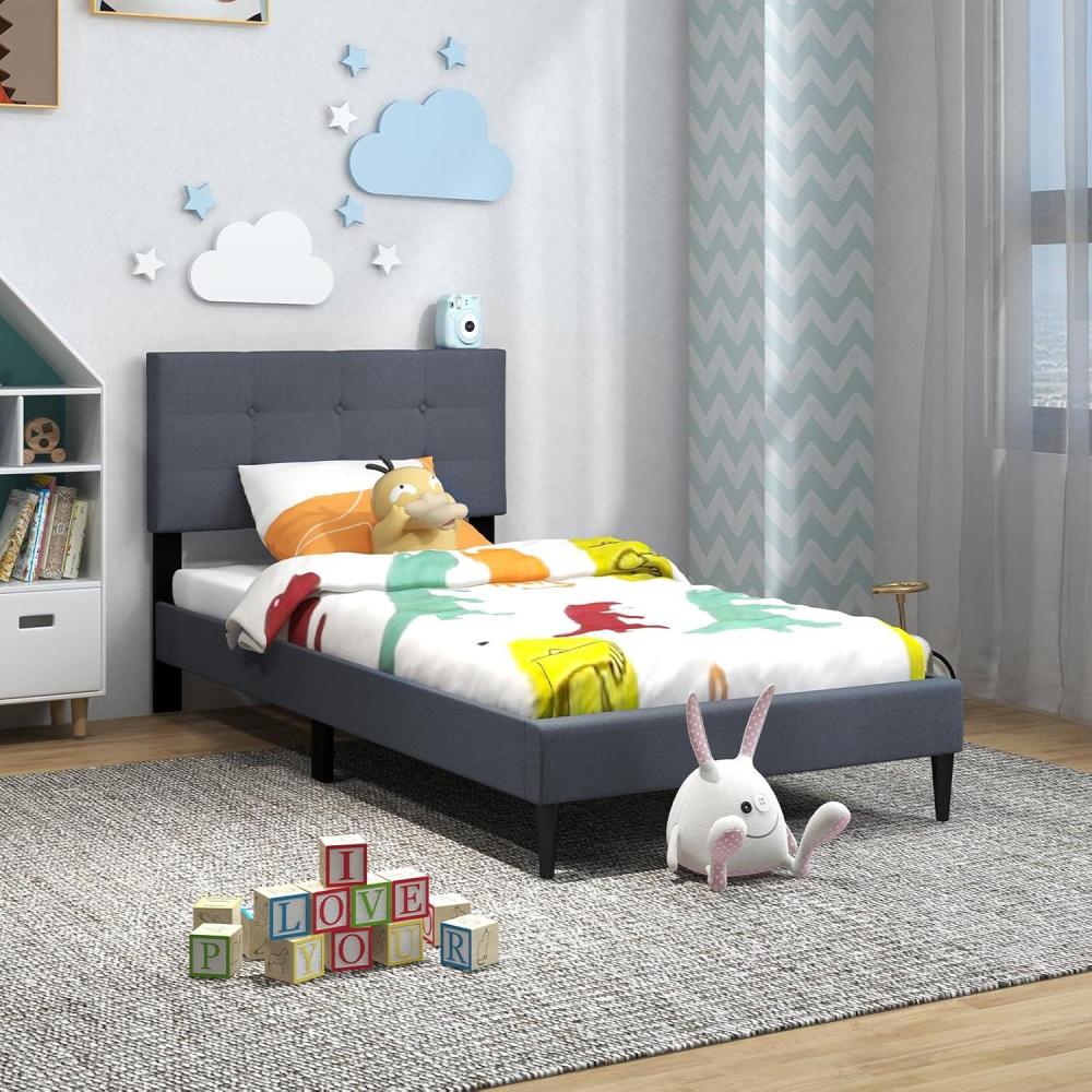 image:imageGiantex Twin Bed Frames for Kids Modern Fabric Linen Upholstered Platform Bed Frame with Button Tufted Headboard and Wooden Slats No Box Spring Needed Kids Twin Bed for Boys Girls Navy BlueGrey