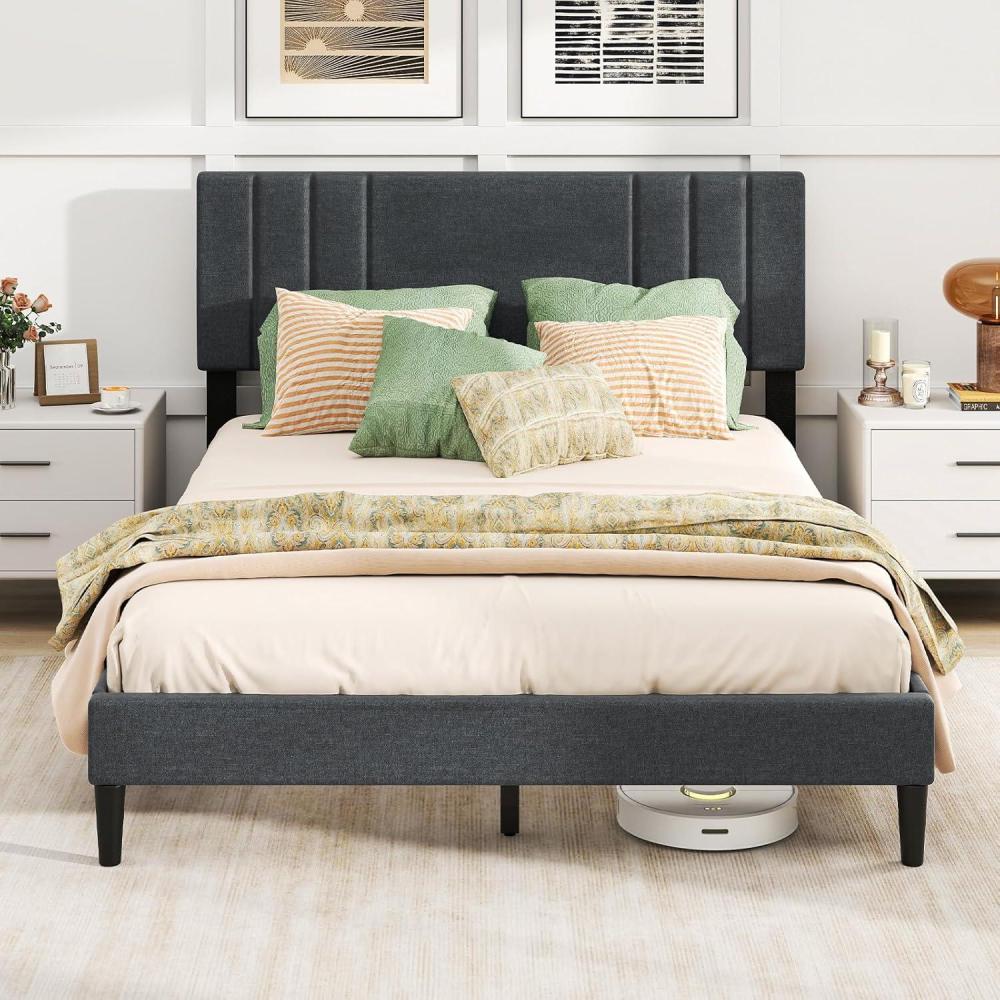 image:imageGiantex Twin Bed Frames with Headboard Modern Upholstered Platform Bed Frame with Vertical Channel Tufted Headboard Wooden Slats Support No Box Spring Needed GrayQueen