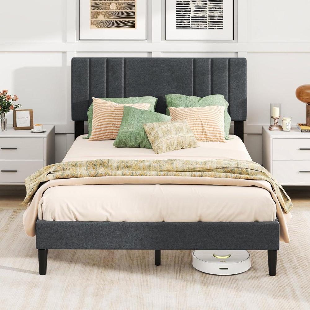 image:imageGiantex Twin Bed Frames with Headboard Modern Upholstered Platform Bed Frame with Vertical Channel Tufted Headboard Wooden Slats Support No Box Spring Needed GrayFull