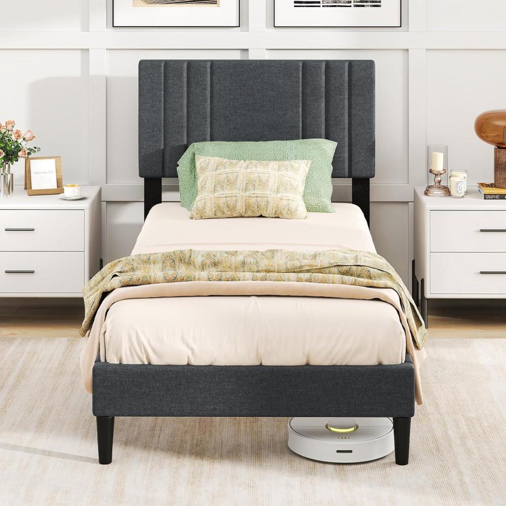 image:imageGiantex Twin Bed Frames with Headboard Modern Upholstered Platform Bed Frame with Vertical Channel Tufted Headboard Wooden Slats Support No Box Spring Needed GrayTwin