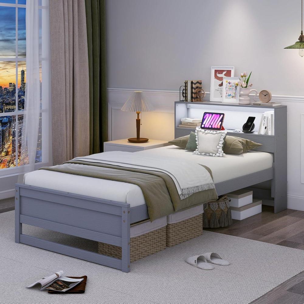 image:imageGiantex Twin Bed Frames with Storage Headboard Wood Platform Bed with Charging Station amp LED Light Single Bed with Slats Support UnderBed Space Twin Bed Frames for Kids Girls Boys WhiteGrey