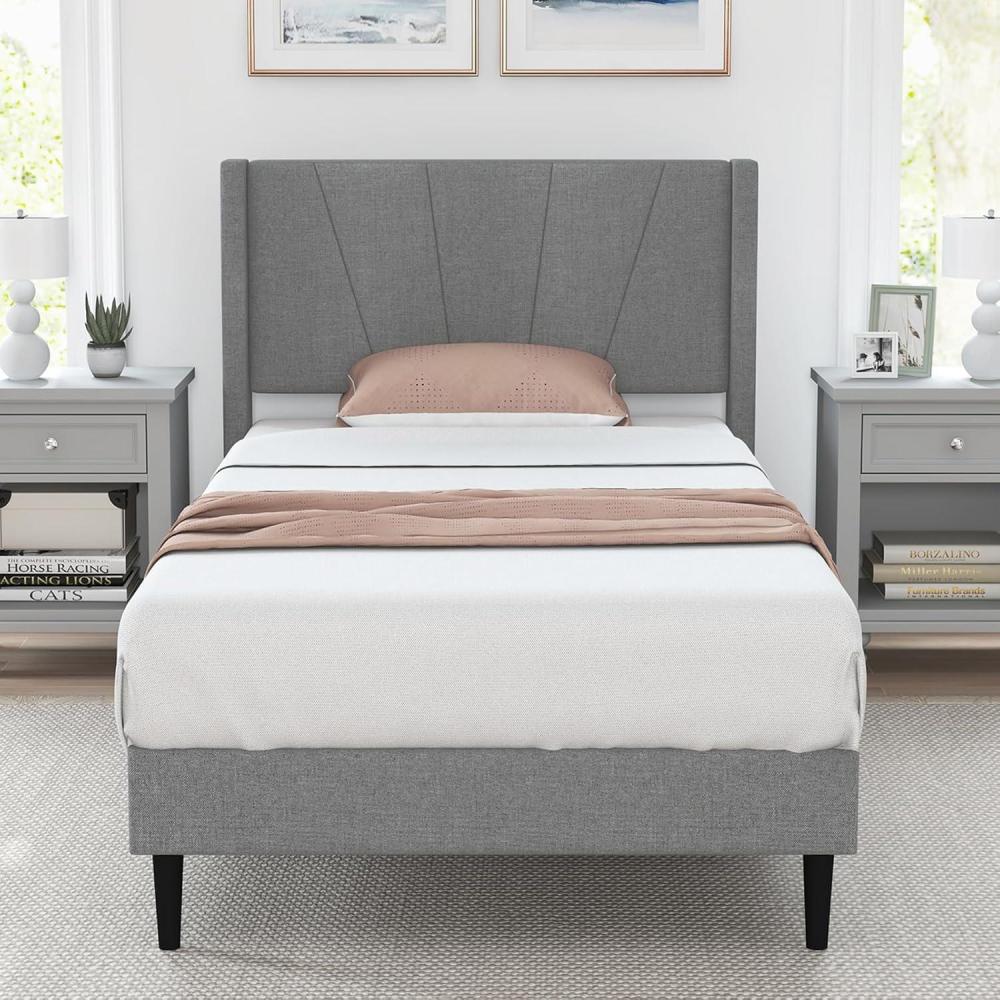 image:imageGiantex Twin Bed Frames with Wingback Headboard Modern Linen Upholstered Platform Bed with Wooden Slats Support No Box Spring Needed Twin Bed Frames for Kids GreyDiagonal Channel Tufting