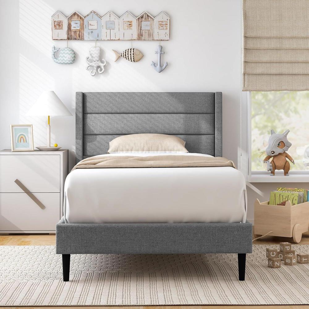 image:imageGiantex Twin Bed Frames with Wingback Headboard Modern Linen Upholstered Platform Bed with Wooden Slats Support No Box Spring Needed Twin Bed Frames for Kids GreyHorizontal Channel Tufting