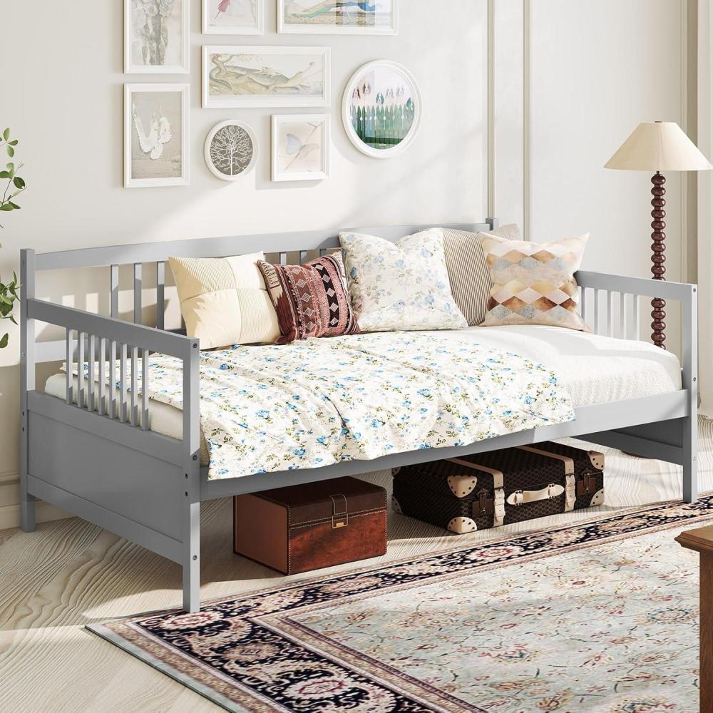 image:imageGiantex Twin Daybed Frame Wooden Sofa Bed Guest Bed with Rails amp Wood Slat Support Dualuse Twin Size Platform Bed Frame for Living Room Bedroom No Box Spring Needed CherryGrey