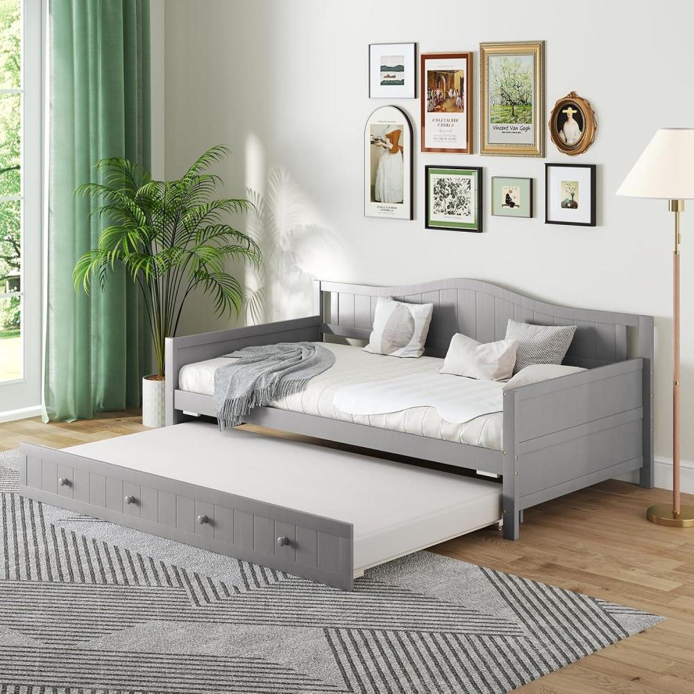 image:imageGiantex Twin Daybed with Trundle Solid Wood Day Bed with Slats Support Integrated Headboard amp Armrests Modern Trundle Bed Twin for Living Room Bedroom Guest Room No Box Spring Needed GreyGrey