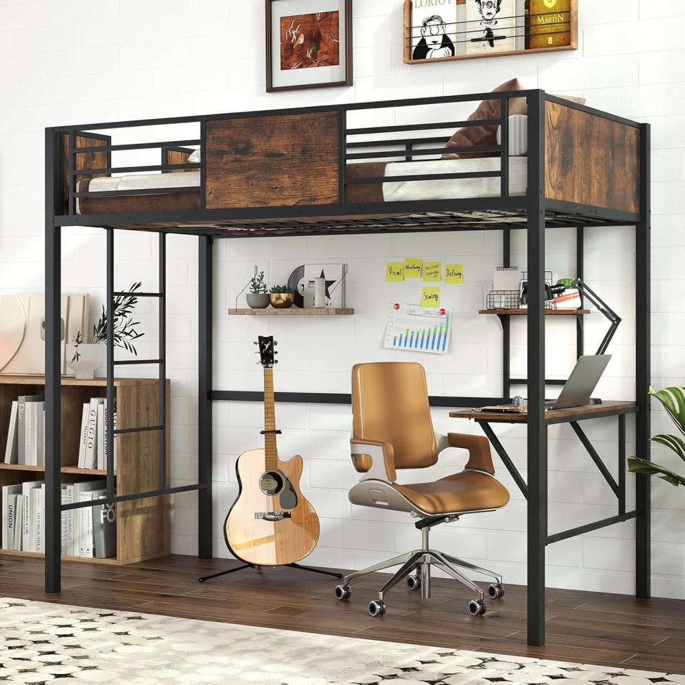 image:imageGiantex Twin Loft Bed with Desk  HeavyDuty Metal Bed Frame wSafety Guardrail Ladder amp Storage Shelf 485 LBS Load SpaceSaving Lofted Twin Bed with Stairs for Teens Adults No Box Spring Needed