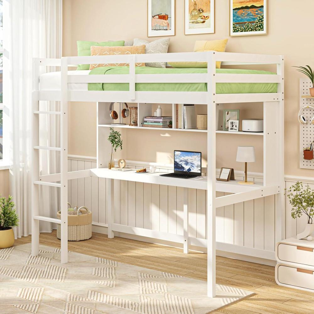 image:imageGiantex Twin Loft Bed with Desk amp Bookcase Solid Wood Loft Bed Frame wSafety Guardrails amp Ladder SpaceSaving Twin Size Bed Frame with Storage for Home Dorm Apartment No Box Spring Needed White
