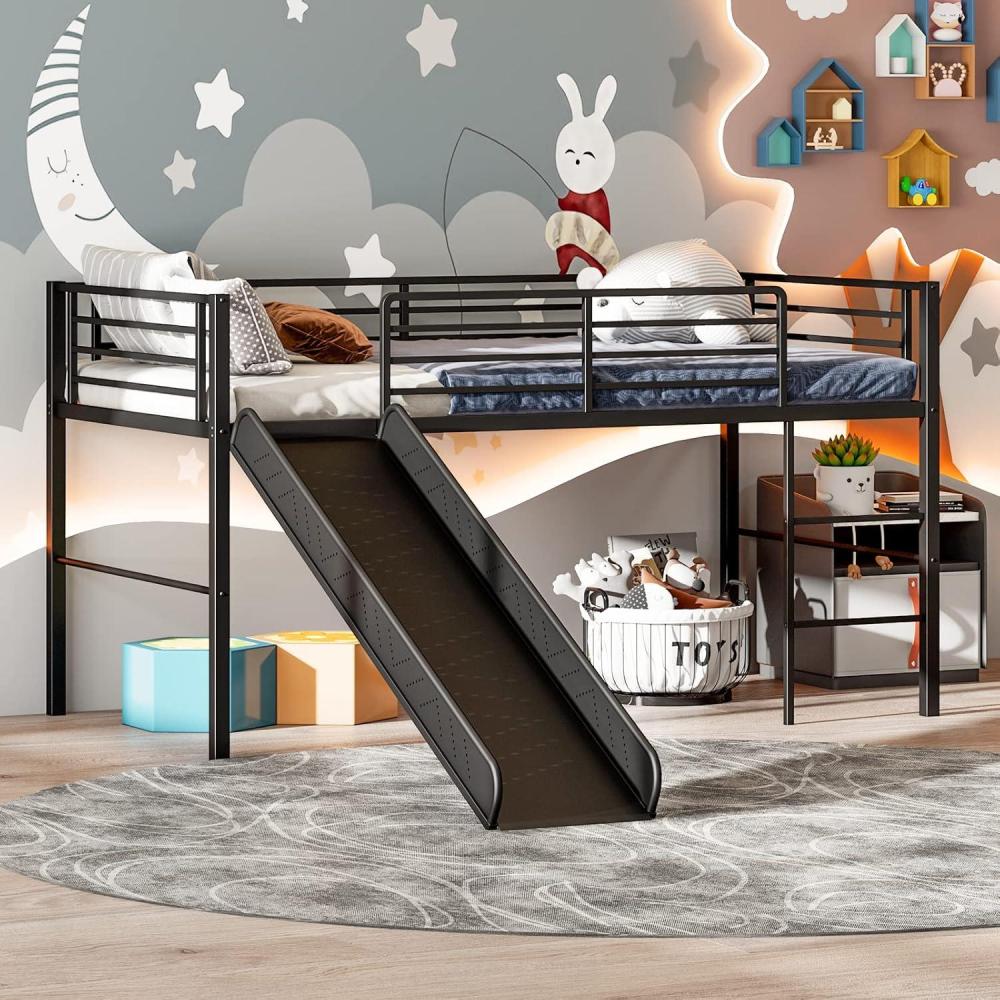 image:imageGiantex Twin Loft Bed with Slide Metal Low Bunk Bed wSafety Guardrails amp Builtin Ladder Toddler Bed Floor Frame for Boys amp Girls No Box Spring Needed BlackBlack
