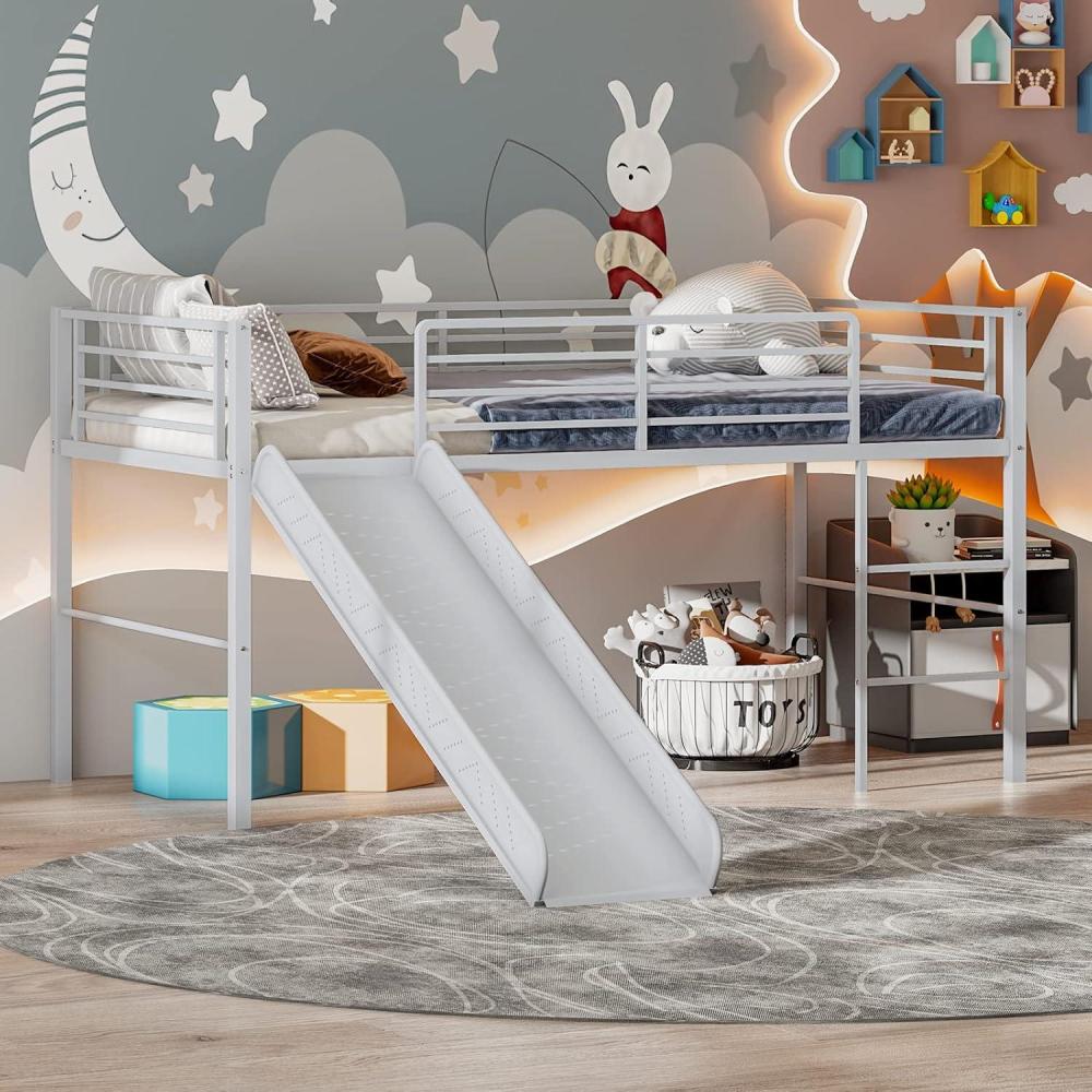image:imageGiantex Twin Loft Bed with Slide Metal Low Bunk Bed wSafety Guardrails amp Builtin Ladder Toddler Bed Floor Frame for Boys amp Girls No Box Spring Needed BlackSilver