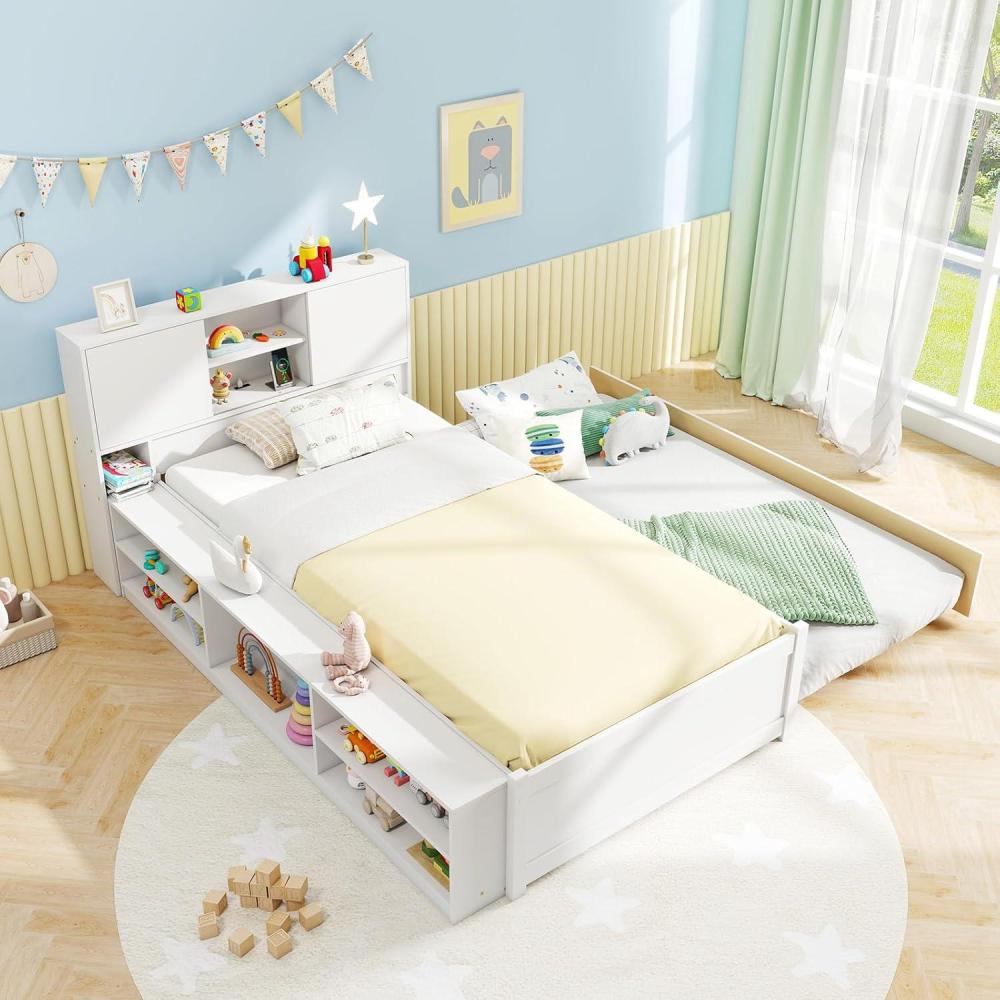 image:imageGiantex Twin Size Bed Frame with Trundle and Bookcase Headboard Wooden Platform Bed wCharging Station 5 Cube Storage Shelves Twin Bed Frames for Kids Teens Adults No Box Spring Needed White