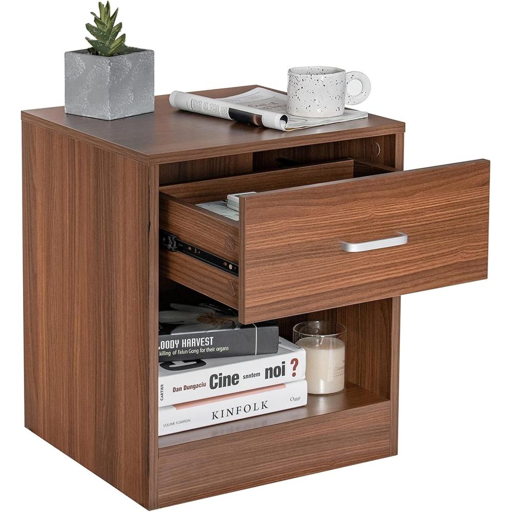 image:imageGiantex Walnut Nightstand Farmhouse Bedside Table with Drawer and Open Storage Cabinet Wood Night Stand 2Tier Sofa Side Table for Bedroom Office WalnutWalnut