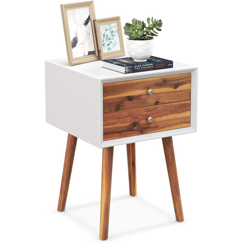 image:imageGiantex White Nightstand Wooden Bedside Tables w 2 Storage Drawers amp Soild Wood Legs Practical End Side Table Mid Century Modern Night Stand for Living Room BedroomWhite Walnut