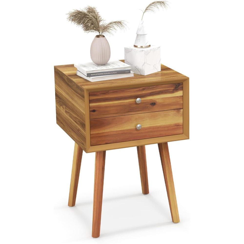 image:imageGiantex White Nightstand Wooden Bedside Tables w 2 Storage Drawers amp Soild Wood Legs Practical End Side Table Mid Century Modern Night Stand for Living Room BedroomWalnut