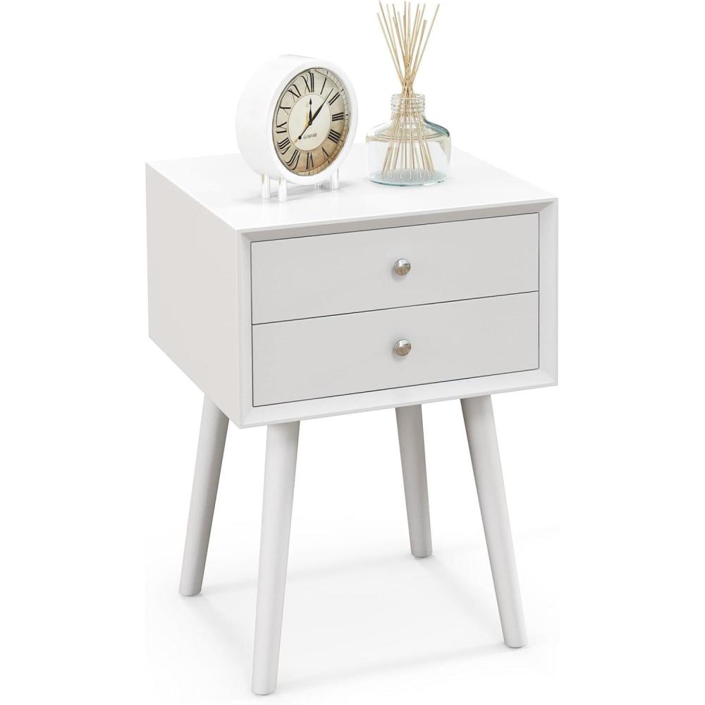 image:imageGiantex White Nightstand Wooden Bedside Tables w 2 Storage Drawers amp Soild Wood Legs Practical End Side Table Mid Century Modern Night Stand for Living Room BedroomWhite