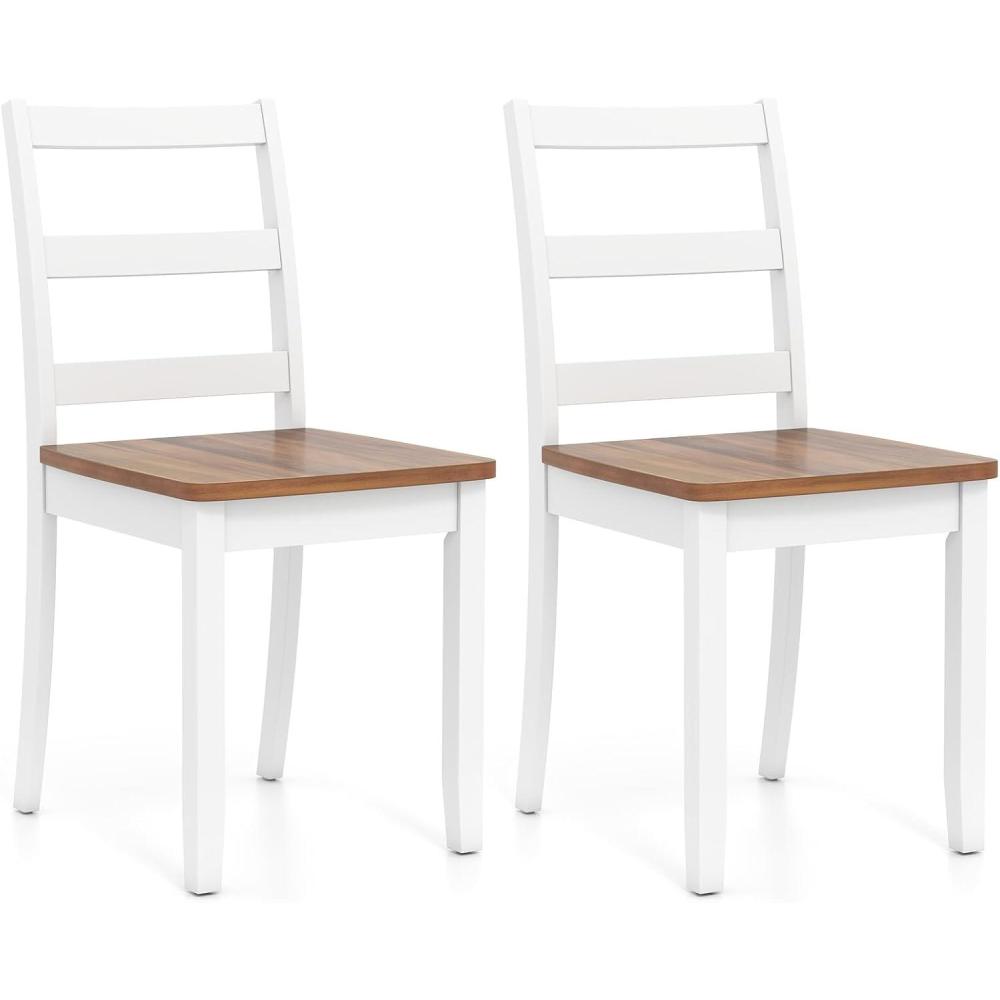 image:imageGiantex Wood Dining Chairs Set of 2 White Wooden Armless Kitchen Chairs with Solid Rubber Wood Legs NonSlip Foot Pads Max Load 400 Lbs Farmhouse Style High Ladder Back Dining Room ChairsWhitebrown