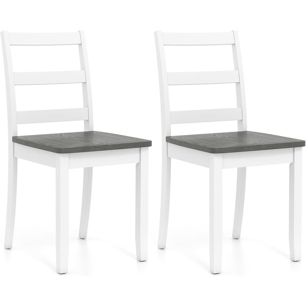 image:imageGiantex Wood Dining Chairs Set of 2 White Wooden Armless Kitchen Chairs with Solid Rubber Wood Legs NonSlip Foot Pads Max Load 400 Lbs Farmhouse Style High Ladder Back Dining Room ChairsWhitegray