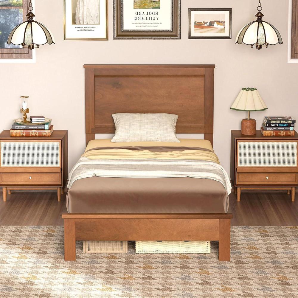image:imageGiantex Wood Queen Platform Bed Frame with Headboard Mid Century Bed Frame with Solid Wood Legs amp Wooden Slat Support No Box Spring Needed Walnut BedWalnut