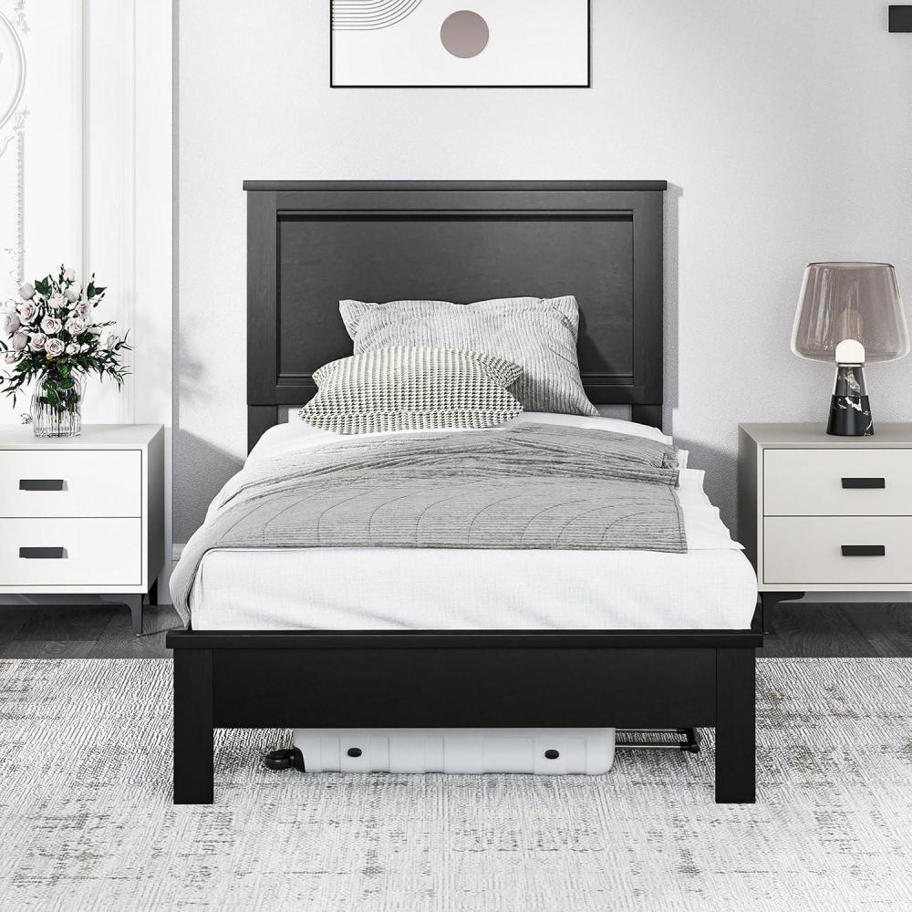 image:imageGiantex Wood Queen Platform Bed Frame with Headboard Mid Century Bed Frame with Solid Wood Legs amp Wooden Slat Support No Box Spring Needed Walnut BedBlack