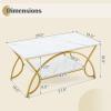 Giantex 2-Tier Rectangular Coffee Table, Faux Marble Table with Open Storage Shelf, Black Finished Metal Frame, Modern Center Table for Living Room, Reception Room (White+Black)(White+gold)